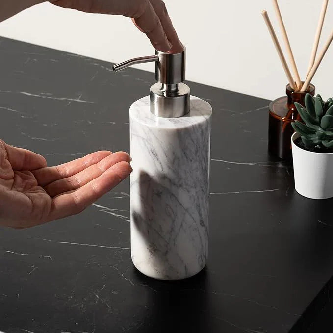 Cork & Mill Marble Bathroom Accessories Set, Complete 3 Piece Set with Soap Dispenser, Toothbrush Holder & Canister with Lid for Qtips, White Marble Bath Countertop Vanity Decor Organizer - ModernBath