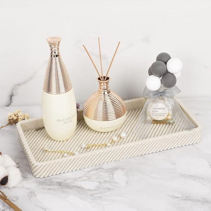 Beige Bathroom Accessories Set 4 Pcs - Toothbrush Holder,Lotion Soap Dispenser,Qtip Holder Dispenser,Vanity Tray for Countertop Vanity Organizer,Bathroom Accessory Set - ModernBath