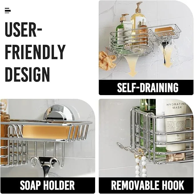LEVERLOC Shower Caddy Suction Cup, Shelves for Inside with Hooks & Soap Holder Toothbrush Holder, NO-Drilling Bathroom Organizer, Rustproof Holder Storage, Silver - ModernBath