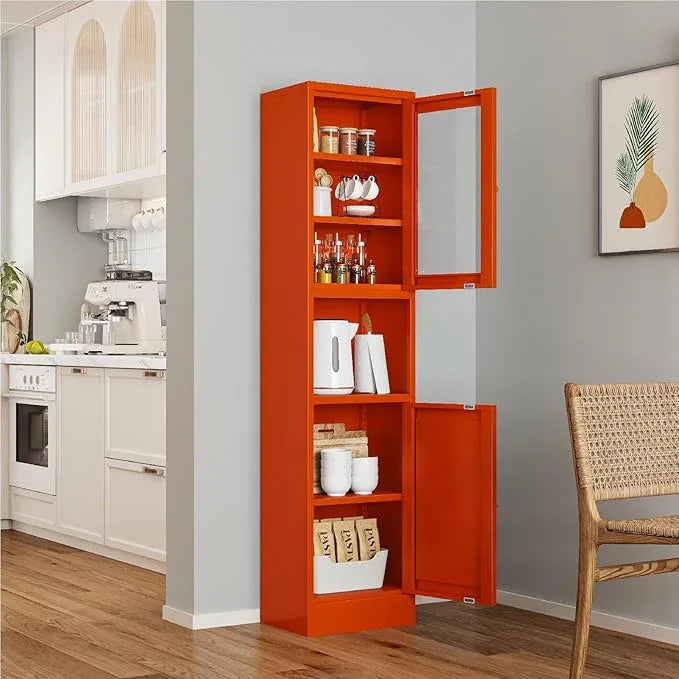 Metal Bathroom Storage Cabinet, 67" Tall Narrow Freestanding Floor Cabinet with Adjustable Shelves and Open Compartment, Slim Metal Locker for Laundry, Kitchen, Dining Room - ModernBath