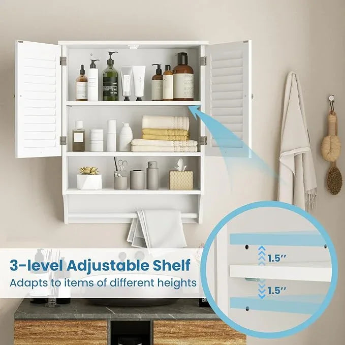Giantex Wall Mounted Medicine Cabinet with 2 Louvered Doors, 3-Position Adjustable Shelf, Towel Bar, Above Toilet Space Saver (White) - ModernBath