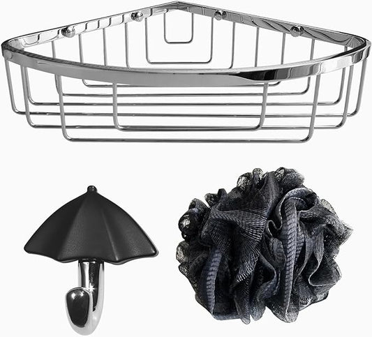 Stainless Steel Wall Mount Shower Caddy, Single Hook & Bath Wipe |Waterproof Durable Corner Shower Rack for Bathroom |Space Saving Bathroom Organizer & Storage for Shampoos Soap Bath Items | Silver