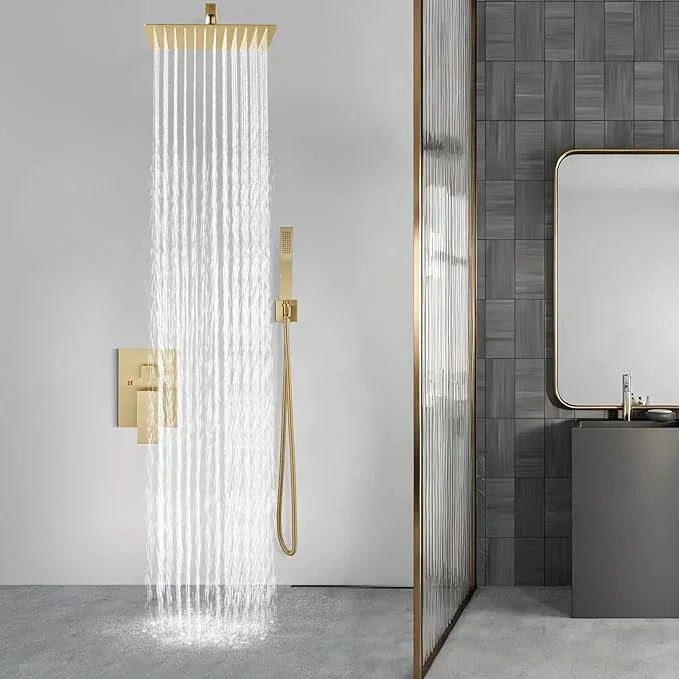 Aolemi Shower Faucet Set Rain Shower System with Handheld Spray Bathroom Shower Combo Rough-in Valve and Shower Trim Kit Included Brushed Gold 16 Inch Wall Mount Shower Head - ModernBath