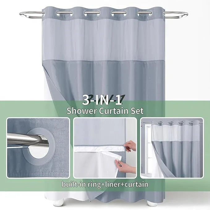 eachope Extra Long No Hook Shower Curtain with Snap-in Fabric Liner Set,Slub Textured Fabric Shower Curtains for Bathroom,Hotel Style Modern Shower Curtain,Water Repellent & Washable,71x86(84),Blue - ModernBath