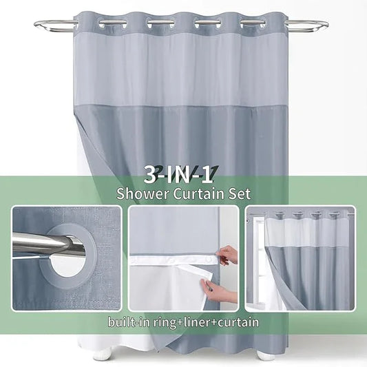 eachope Extra Long No Hook Shower Curtain with Snap-in Fabric Liner Set,Slub Textured Fabric Shower Curtains for Bathroom,Hotel Style Modern Shower Curtain,Water Repellent & Washable,71x86(84),Blue - ModernBath