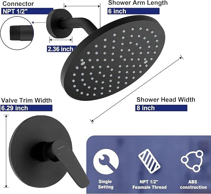Lavatrum Black Shower Head and Handle Set Single Spray Premium Wall Mount 8 Inch Rainfall Round Shower Faucet with Rough-in Valve and Trim Kit for Bathroom（1.8GPM) - ModernBath