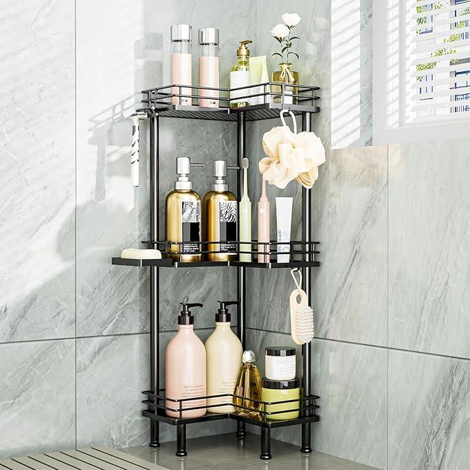 Consumest Corner Shower Caddy Standing - 3-Tier Stainless Steel Shower Organizer with Soap Holder and 4 Hooks, Large Capacity Corner Shelf Stand for Bathroom, Rest Room, Black - ModernBath