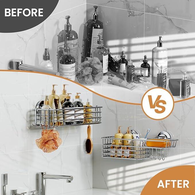 LEVERLOC Shower Caddy Suction Cup, 2 Pack Heavy Duty Bathroom Organizer for Inside Shower with Hooks & Soap holder, Removable and Rustproof Silver bathroom Holder Storage - ModernBath