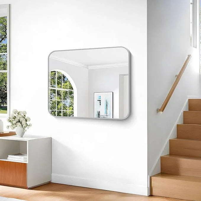 CIVENO Silver Bathroom Mirror, 30 x 36 Inch Metal Framed Silver Rectangle Mirror, Rounded Corner Rectangular Vanity Mirror, Wall Mounted Mirror for Living Room Bedroom Entryway Horizontal/Vertical - ModernBath