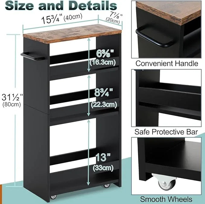 MARTY Rolling Storage Cart 7.9" W, 4-Tier Kitchen Cart with Wheels Handle, Slim Storage Cart Mobile Shelving Utility Carts for Bathroom Laundry Room Organization Narrow Places (Black) - ModernBath