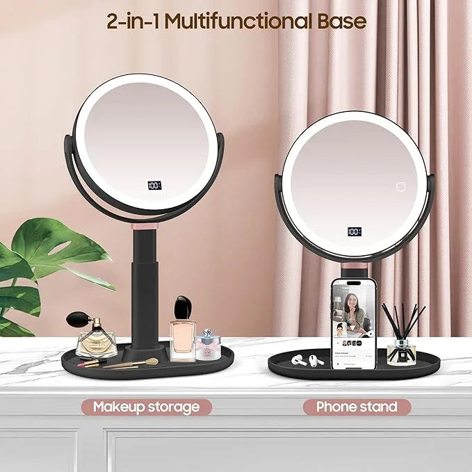 GOMIPURU Makeup Magnifying Mirror with Light 30X/1X, Digital Display, 2-Sided Touch Control, Makeup Mirror with 3 Color Lights,360° Rotate, Height Adjustable Lighted Magnifying Mirrors for Desk Travel - ModernBath