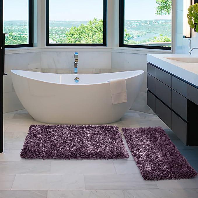 Yimobra Bathroom Rug Set 2 Piece, Luxury Shaggy Bath Mat Set with Non Slip Backing, Ultra Soft & Absorbent Mats for Bathroom Floor, Machine Washable, 44"x24"+24"x17", Dark Purple - ModernBath