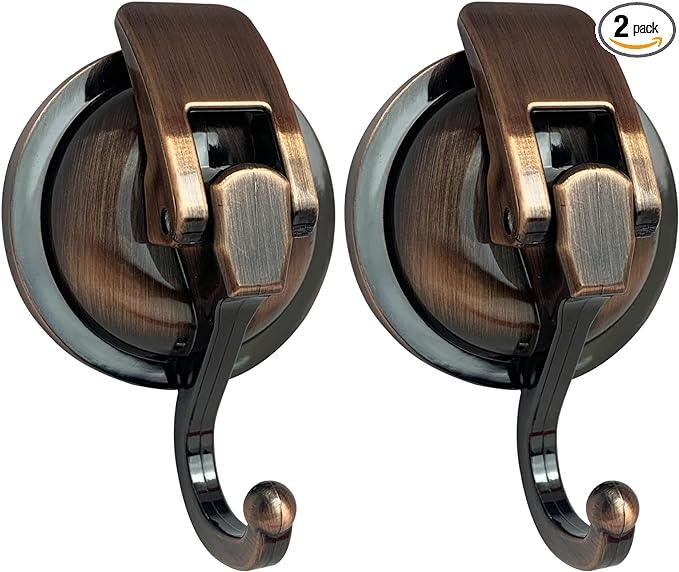Heavy Duty Vacuum Suction Shower Hooks, Glass Suction Cup, for Bathroom Robe and Garland Decoration (2 Pack, Antique Brass) - ModernBath