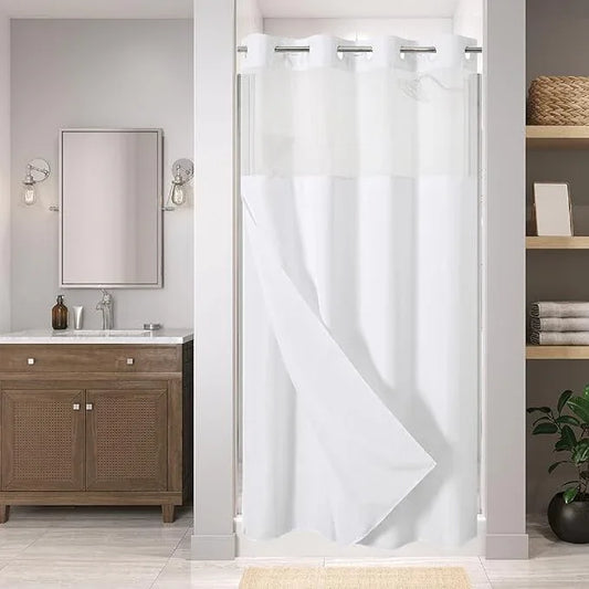 eachope Stall No Hooks Needed Linen Textured Shower Curtain with Snap-in Fabric Liner Set,Hotel Luxury Decor Shower Curtains for Bathroom,Waterproof & Washable,54Wx74H,White - ModernBath