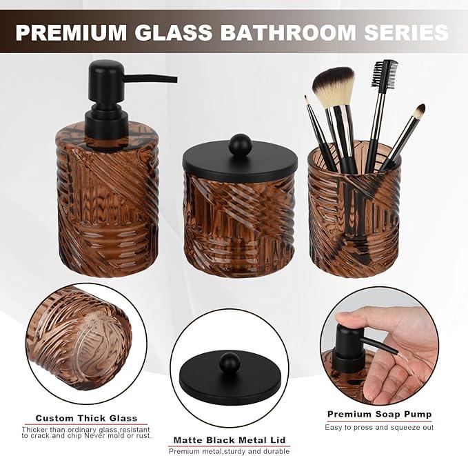 Bathroom Accessories Set,4 Pcs Amber Glass Bathroom Accessories Sets Complete with Lotion Soap Dispenser,Toothbrush Holder,Qtip Holder Dispenser and Vanity Tray,Bathroom Countertop Vanity Organizer - ModernBath