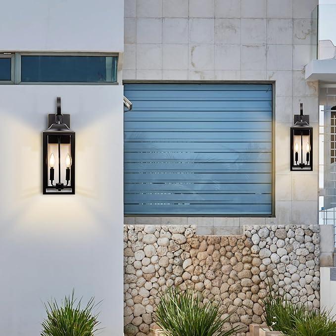 19" Large Outdoor Wall Light - Black Outside Wall Mounted Light Fixture with Gold Trim, Exterior Farmhouse Wall Sconce Lantern, Modern Porch Lighting Exterior Lamp for House 2-Light - ModernBath