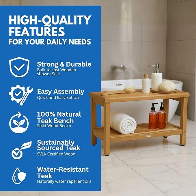 EcoDecors Eleganto 30 Inch Natural Color Waterproof Teak Wood Shower Bench Stool Seat Chair For Inside Shower Provides Safety, Storage, and Organization For Bathroom Accessories - ModernBath