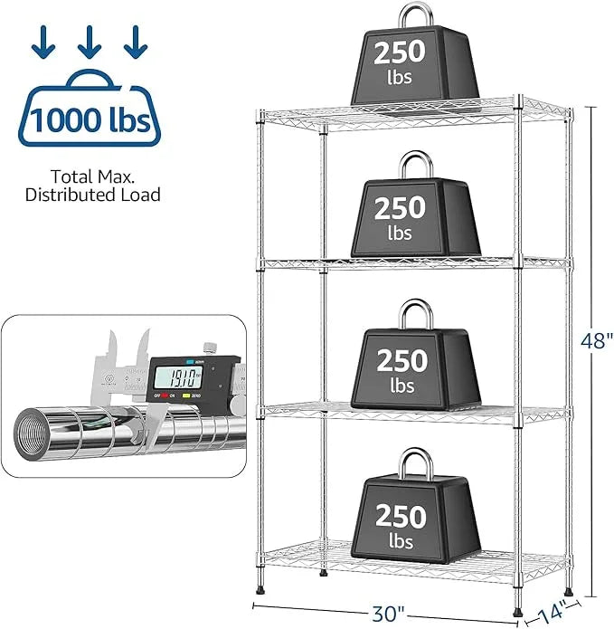 1000 lbs 4Tier Shelf Metal Storage Shelves Wire Rack Closet Organizers with Wheel for Garage Kitchen Bathroom Laundry Chrome 13.7" D x 29.5" W x 47.2" H - ModernBath