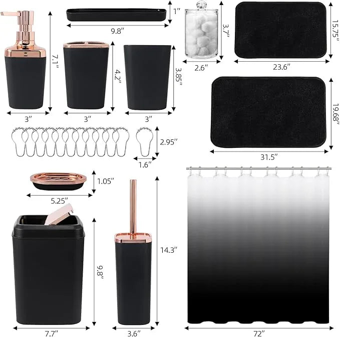 XLHOMO Bathroom Accessory Set–Bathroom Set with Shower Curtain and Rugs, No Slip Bathroom Rugs Super Absorbent, Black Ombre Water-Proof Shower Curtain with Hooks,Black Bathroom Sets Complete for Home - ModernBath