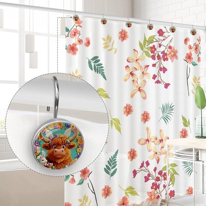 Easter Highland Cows and Flowers Shower Curtain Hooks Rings, Stainless Steel Rust Proof Shower Curtain Hooks, Decorative Shower Hooks for Bathroom Shower Rods Curtains, Set of 12 - ModernBath
