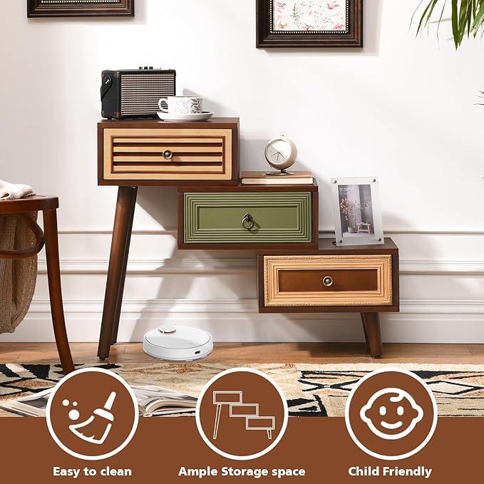 30.5" Vintage Accent Chest with 3 Drawers, Asymmetrical Stacked Design, Multicolored Hand-Carved Decorative Rustic Cabinet, Side Table for Living Room, Entryway, or Small Space - ModernBath