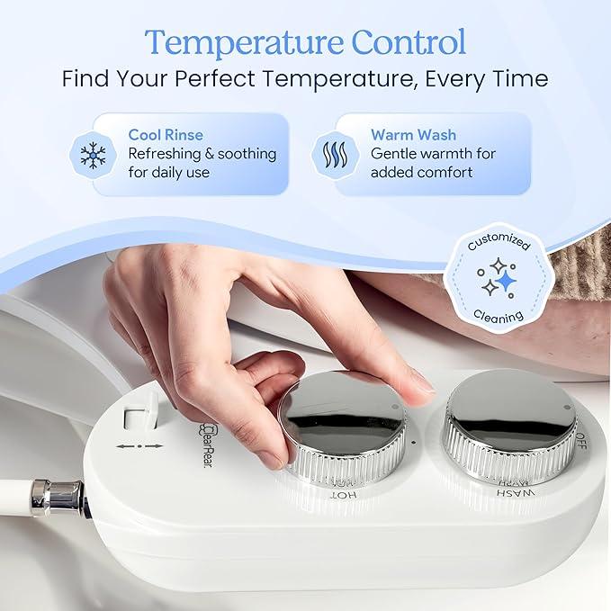 CLEAR REAR Bidet Attachment for Toilet Seat - Non-Electric, Self-Cleaning Dual Nozzle, Adjustable Water Pressure, Rear & Feminine Wash Hygienic Upgrades - Fits Elongated Toilets (Cold & Warm Water) - ModernBath