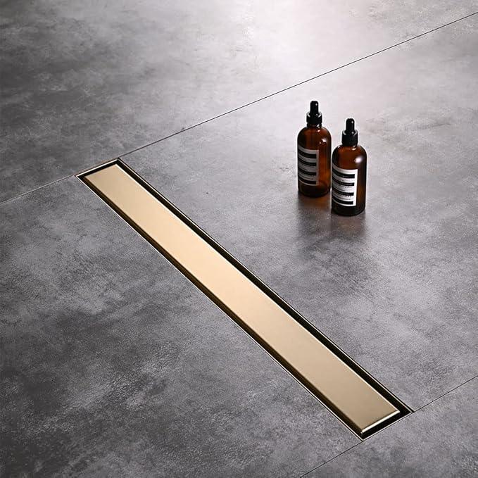 Linear Shower Floor Drain, Brushed Gold 30 Inch 304 Stainless Steel Bathroom Drains Kit, Rectangular Shower Trench Drain with Reversable Tile-in Pattern Drain Cover & Hair Catcher - ModernBath