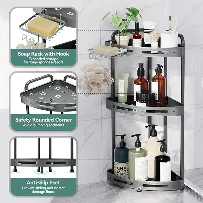 Corner Shower Caddy Standing, 3 Tier Shower Organizer Stand with Soap Holder, Rustproof Shower Shelves for Bathroom Storage, Grey - ModernBath