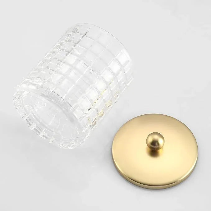 Indecor Home Clear Tranparent Apothecary Etched Geometric Grid Glass Jar W/Gold Metal Lid Cover for Bathroom Organization, Cotton Balls, Q Tips, and Small Accessories, Bathroom Storage - ModernBath