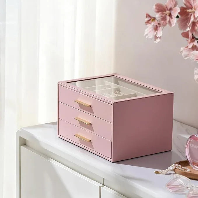 pickpiff Jewelry Box Organizer Case for Women: 3-Layer Jewelry Storage Case with Glass Window, Pink Leather with Velvet Holder for Ring Necklace Bracelet Brooch Watch, Great Gift for Her - ModernBath