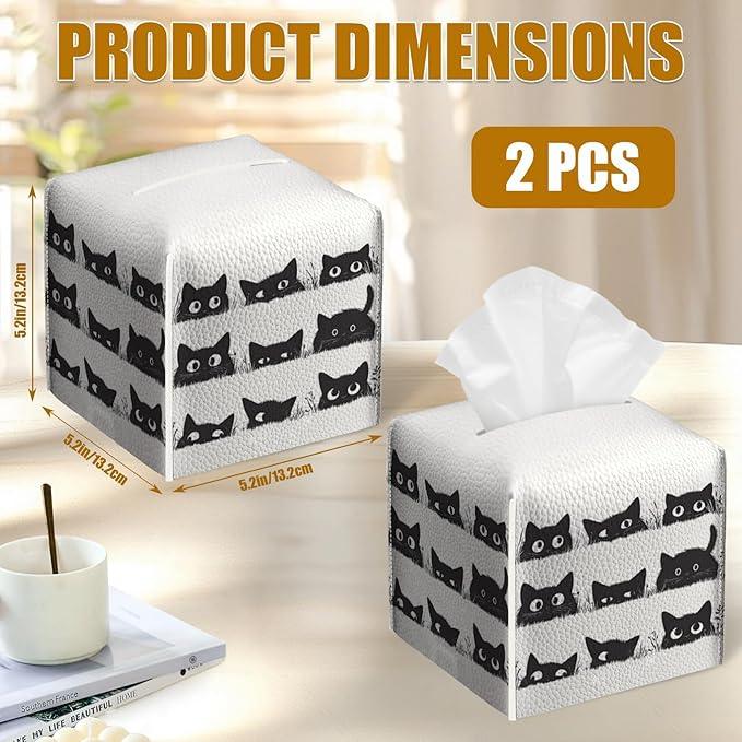 Cute Black Cat Tissue Box Cover 2PCS, Leather Tissue Box Holder Square Facial Paper Case Tissue Box Cube Organizer for Bathroom Bedroom Desk Office - ModernBath