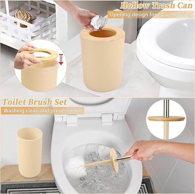 SLDIYWOW Bathroom Accessories, Beige Bathroom Accessories Sets Complete with Trash Can,Tray,Soap Dispenser,Toothbrush Holder,Toothbrush Cup,Soap Dish,Toilet Brush and Q-tip Holders for Bathroom - ModernBath