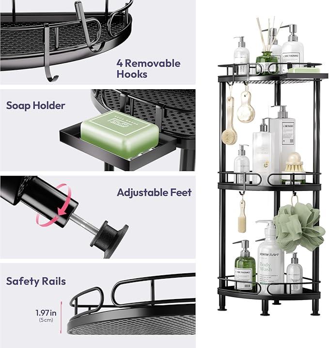 SWTYMIKI Corner Shower Caddy Standing - 3 Tier Rustproof Metal Shower Organizer Stand with Soap Holder and 4 Hooks, Freestanding Floor Shower Storage Stands for Bathroom, Black - ModernBath