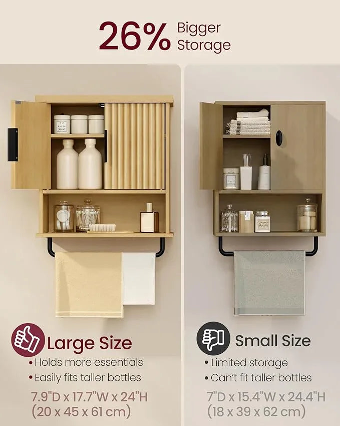 VASAGLE MAXE Collection - Bathroom Cabinet Wall Mounted, Over Toilet Hanging Cabinet with Adjustable Shelf, Towel Bar, Fluted Doors, 7.9 x 17.7 x 24 Inches, Transitional, Oak Beige UBBK137Y01S - ModernBath