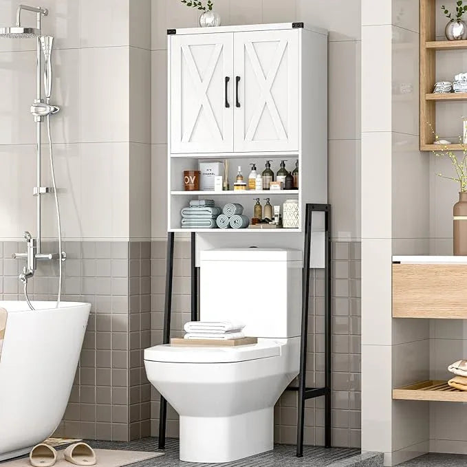 Vabches Over The Toilet Storage Cabinet, Farmhouse Over Toilet Storage Cabinet, Metal Frame with 2 Barn Doors, Home Space-Saving Toilet Rack for Bathroom, Toilet, Laundry Room - ModernBath