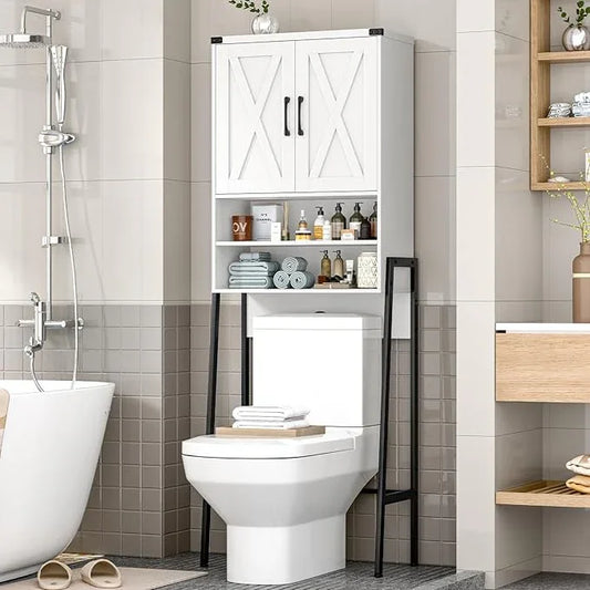 Vabches Over The Toilet Storage Cabinet, Farmhouse Over Toilet Storage Cabinet, Metal Frame with 2 Barn Doors, Home Space-Saving Toilet Rack for Bathroom, Toilet, Laundry Room - ModernBath
