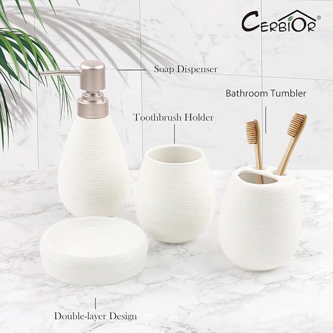CERBIOR Bathroom Accessories Set,4 Pcs Ceramic Bathroom Decor Accessory,Includes Toothbrush Holder, Toothbrush Cup, Soap Dish for Decorative Countertop and Housewarming Gift(White 4pcs) - ModernBath