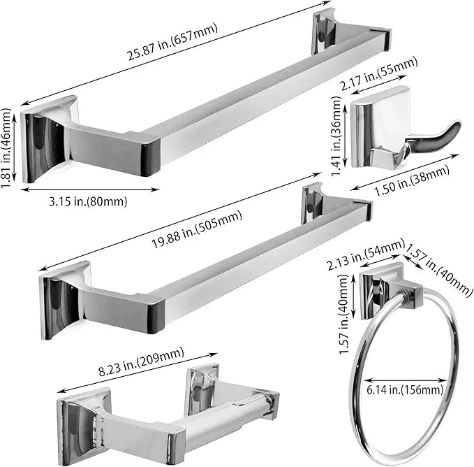 SENTO Cellar Classic Bathroom Accessories Set, Heavy Duty Metal Bath Hardware Set Wall Mounted, Includes Robe Hook, Toilet Paper Holder, Towel Ring, 18” & 24” Towel Bar (5-Piece, Polished Chrome) - ModernBath