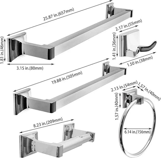 SENTO Cellar Classic Bathroom Accessories Set, Heavy Duty Metal Bath Hardware Set Wall Mounted, Includes Robe Hook, Toilet Paper Holder, Towel Ring, 18” & 24” Towel Bar (5-Piece, Polished Chrome) - ModernBath