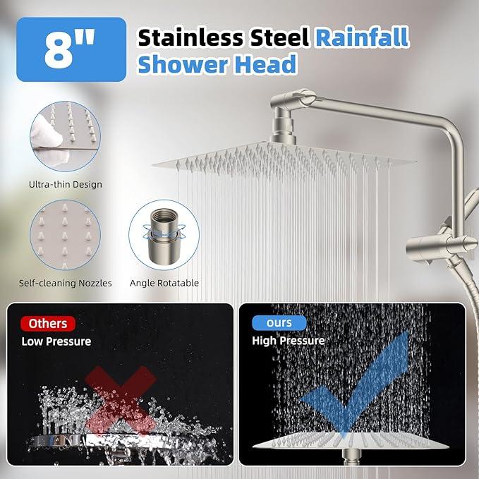 All Metal Shower Head, 8" High Pressure Rainfall/Handheld Shower Combo with 11" Extension Arm, 10-Spray Handheld Showerhead, 71" Long Hose, 3-Way Diverter Valve, Brushed Nickel - ModernBath