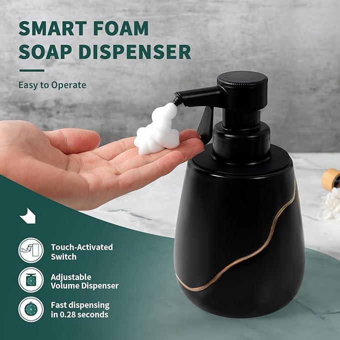 BosilunLife Automatic Foaming Soap Dispenser - Battery Operated Foam Hand Soap Electric Dispenser for Bathroom Ceramic Smart Auto Dish Soap Dispenser for Kitchen Waterproof, Black,17 oz - ModernBath