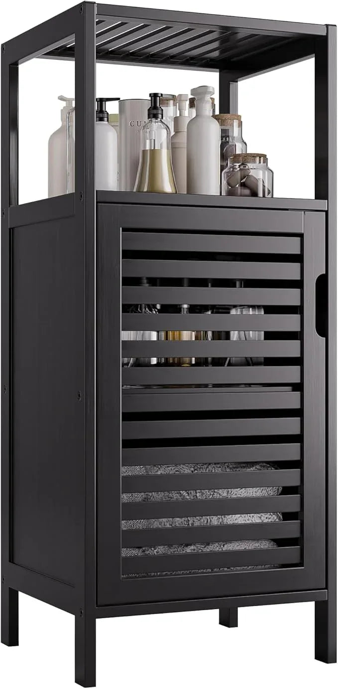 HITNET Bamboo Floor Cabinet, Small Bathroom Cabinet Floor Standing, 4 Tier Narrow Side Storage Cabinet, Space Saving Kitchen Cupboard with Single Door, Black - ModernBath