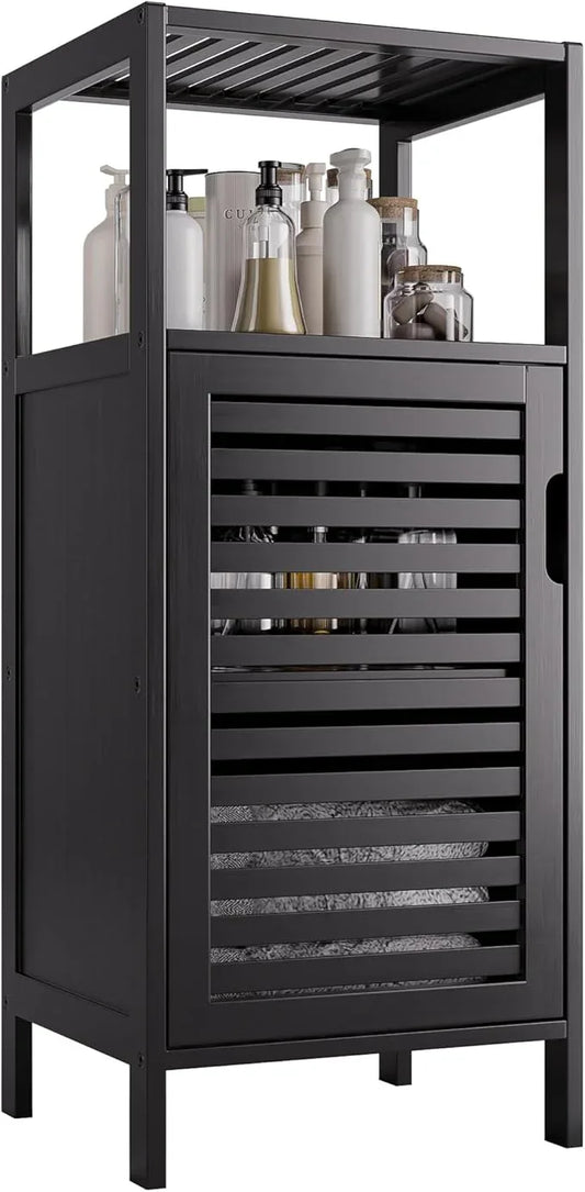 HITNET Bamboo Floor Cabinet, Small Bathroom Cabinet Floor Standing, 4 Tier Narrow Side Storage Cabinet, Space Saving Kitchen Cupboard with Single Door, Black - ModernBath