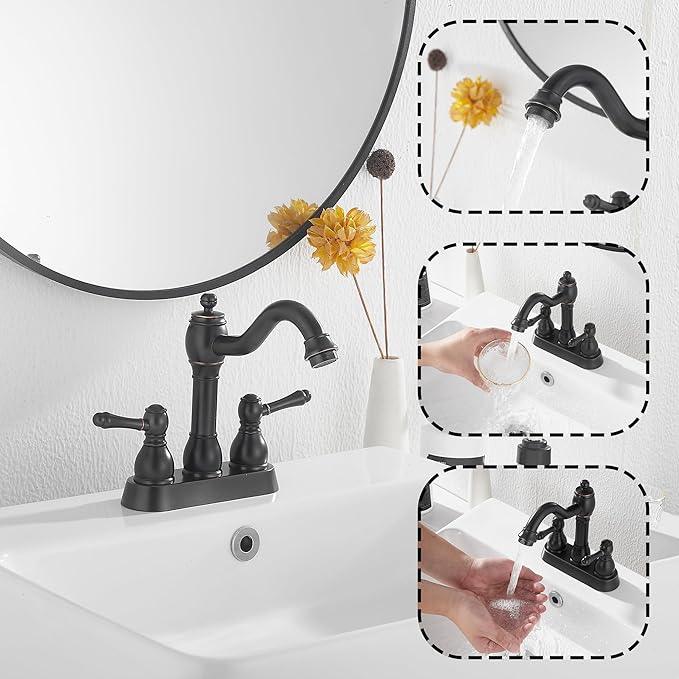 GGStudy Oil Rubbed Bronze Bathroom Faucet 2 Handles 4 Inches Centerset RV Bathroom Vanity Faucet with Drain Assembly and Supply Hose Lavatory Faucet - ModernBath