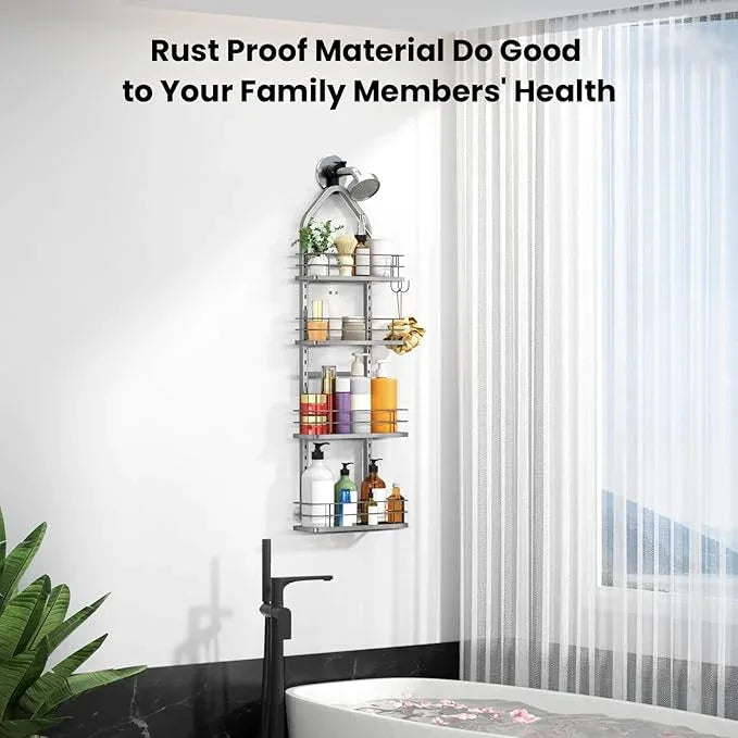 Aquohola Shower Caddy Hanging (Silver), Adjustable Anti-Swing-Over The Shower Head Caddy, 4 Tier Height Bathroom Storage Organizer Bathroom Shelves Basket Rack Shower Caddies (4Tier) - ModernBath