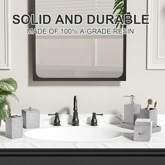 Gray Bathroom Accessories Set Resin 6PCS, Square Toothbrush Holders Set Complete with Soap Dispenser, Vanity Tray, Tumbler, Cups and Cotton Swab Jars for Counter, Sink or Small Spaces - ModernBath