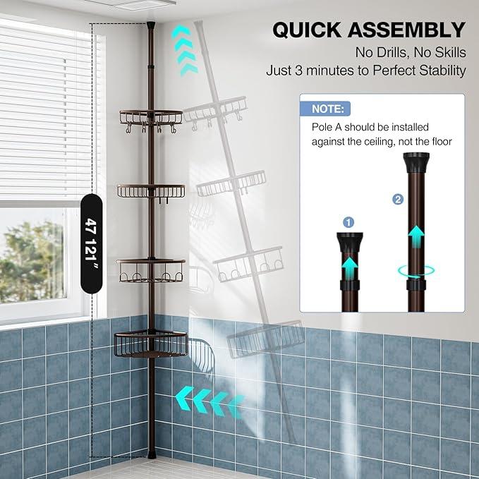 Corner Shower Caddy Tension Pole: Stainless Steel Rustproof 4-Tier Shower Organizer - 47-121 inch Adjustable Bathroom Shelves for Bathtub Shampoo Storage - Tension Rod Floor Standing Bath Rack -Bronze - ModernBath