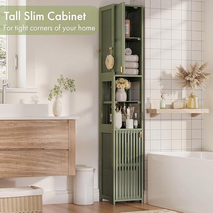 Amazer 70'' Tall Bathroom Storage Cabinet Bamboo, Slim Storage Cabinet with Rattan Door and Adjustable Shelves, Narrow Freestanding Organizer for Living Room Kitchen, Forest Green - ModernBath
