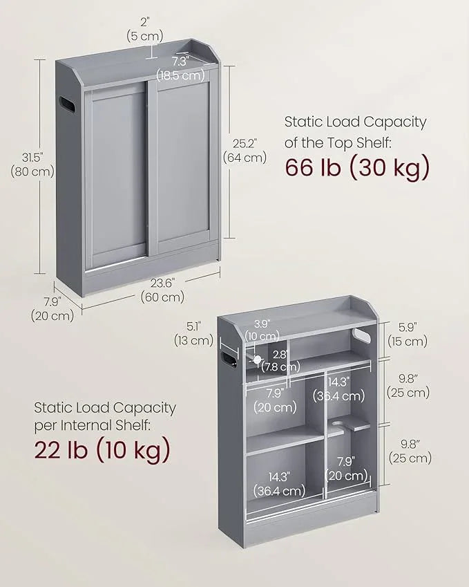 VASAGLE Narrow Storage Cabinet, Slim Floor Cabinet with Sliding Doors, Toilet Paper Holder and Brush Compartment, for Bathroom and Living Room, 7.9 x 23.6 x 31.5 Inches, Dove Gray UBBC752G02 - ModernBath