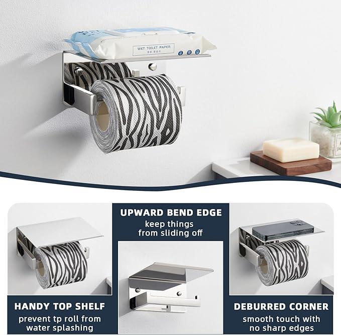 Angle Simple Toilet Paper Holder with Shelf Polished Chrome, 304 Stainless Steel Toilet Tissue Roll Holder Wall Mount - ModernBath